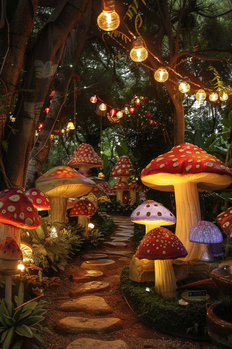 Enchanting garden pathway lined with illuminated, whimsical mushroom lamps and overhead string lights among lush greenery.