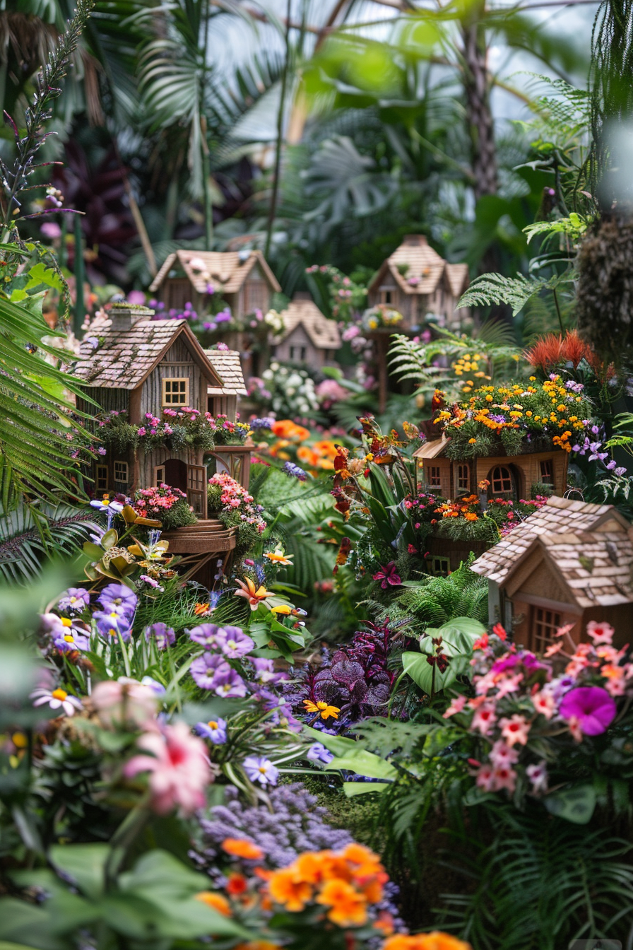 Miniature fairy tale houses nestled among vibrant flowers and lush greenery in a whimsical garden setting.