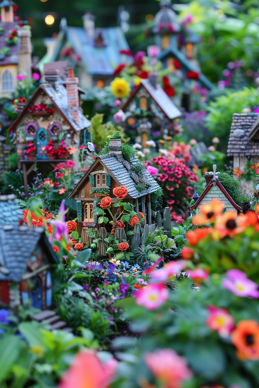 "Miniature fairy tale village surrounded by vibrant flowers, with detailed tiny houses featuring colorful roofs and textured walls."