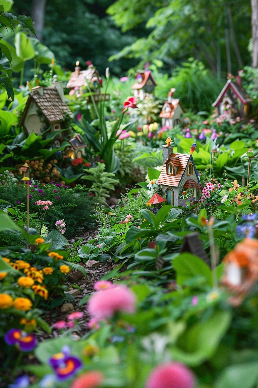 A vibrant garden path lined with miniature fairy houses amidst colorful flowers and lush greenery.