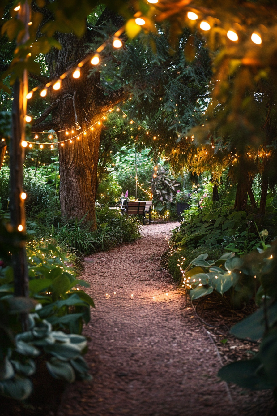 A serene garden path lined with twinkling string lights and lush greenery at dusk, inviting a peaceful walk.