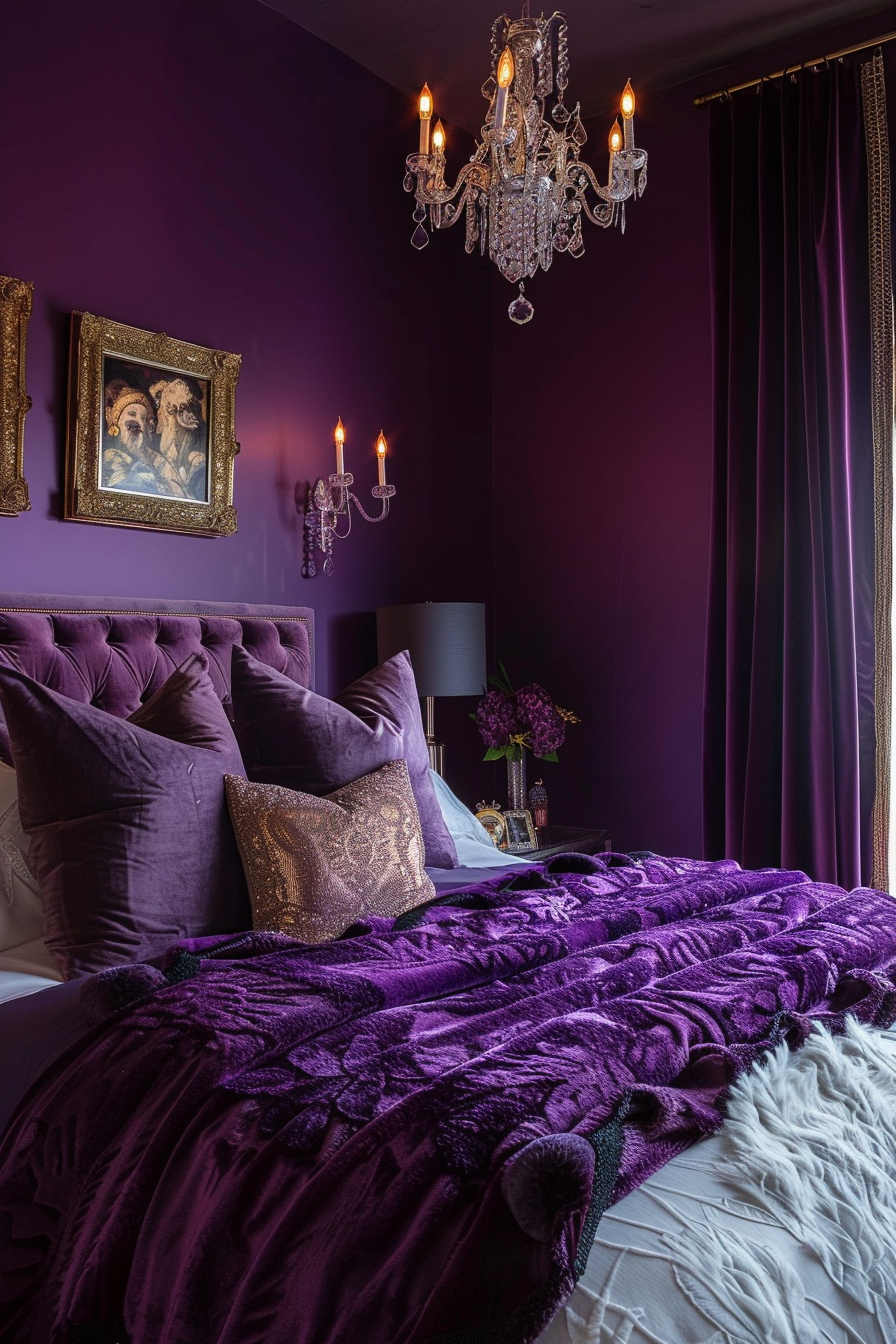 Luxurious purple-themed bedroom with a tufted headboard, chandelier, ornate frames, and rich velvet bedding.