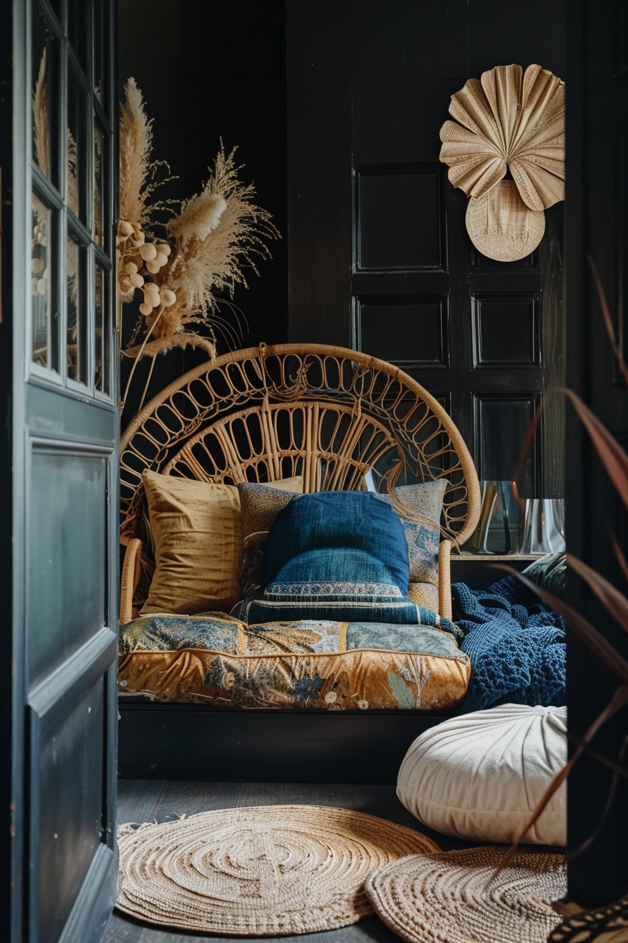 Cozy nook with a rattan daybed, colorful pillows, round wicker rugs, and dried plants in a dark-toned room.