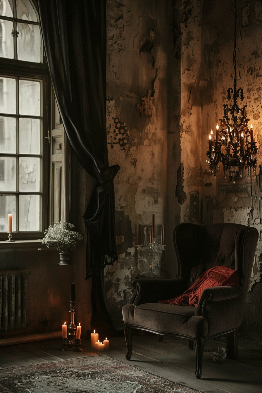 A dimly lit vintage room with peeling walls, an elegant armchair, lit candles, and an ornate chandelier.