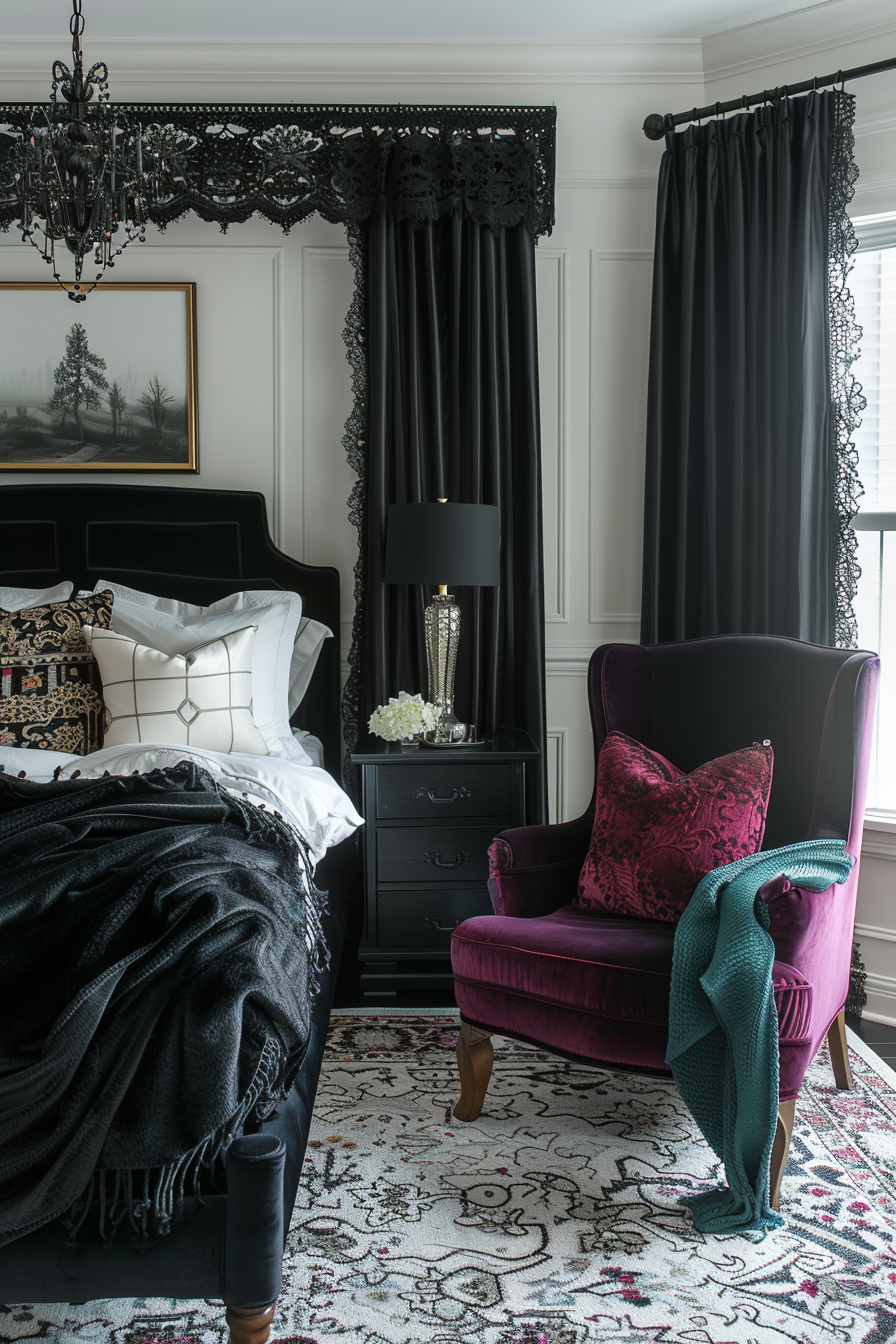 Elegant bedroom with black bed and nightstand, purple armchair, patterned rug, and dark draperies with lace trim.