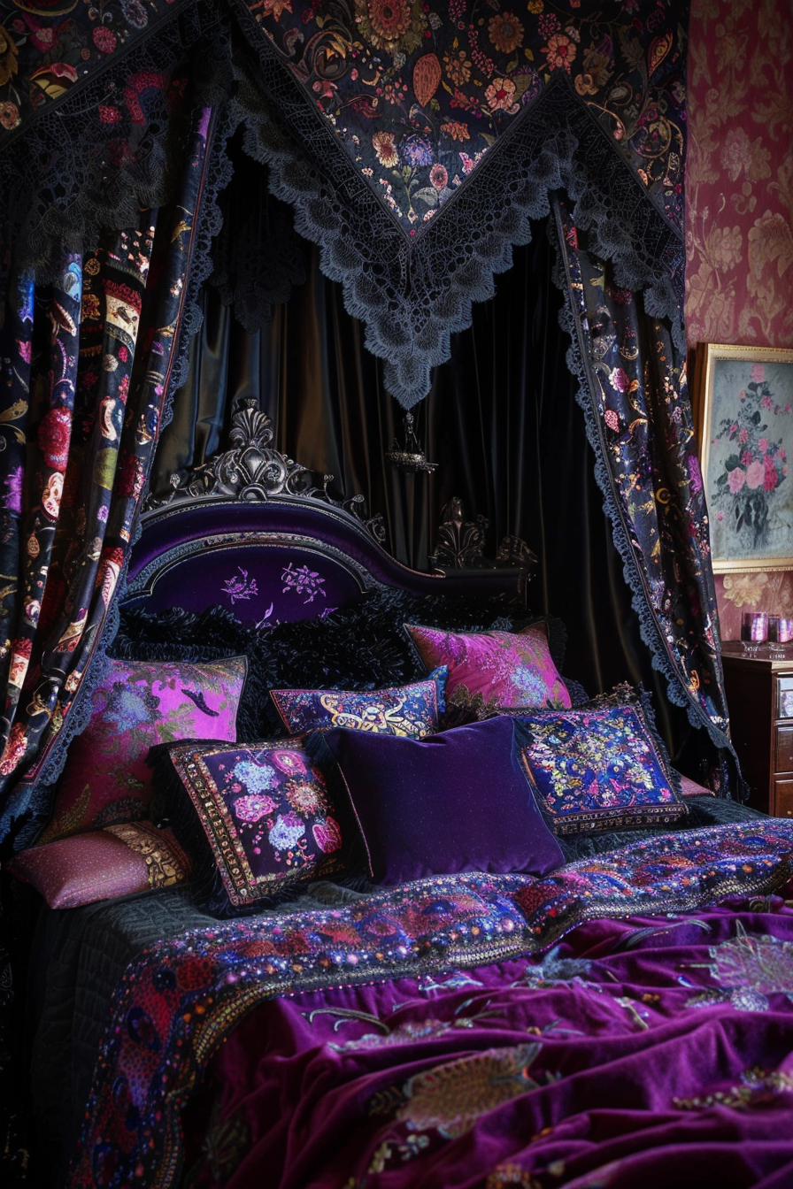 ALT text: An opulent bedroom with a canopy bed draped in dark, rich purple textiles, patterned pillows, and an ornate black headboard.