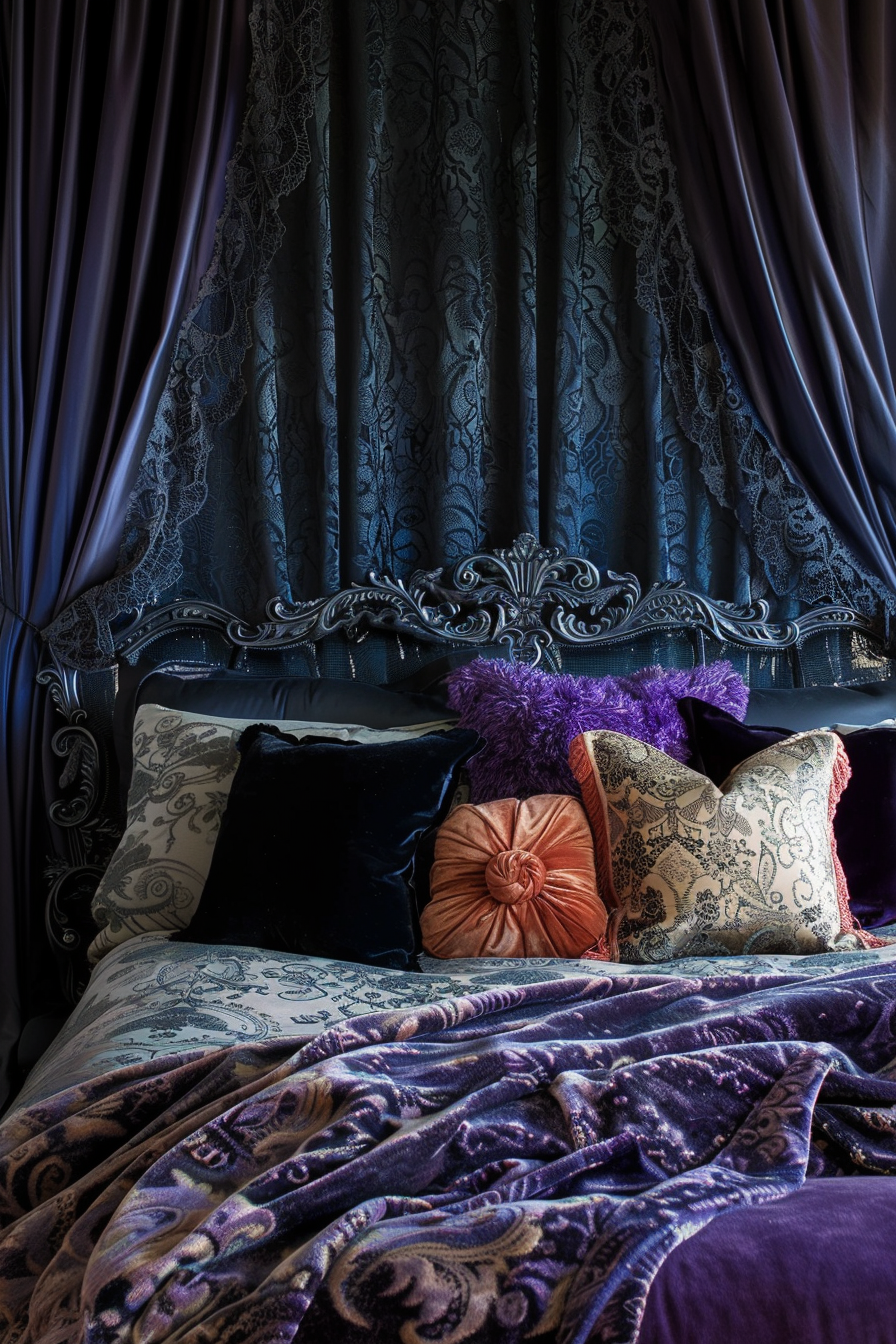 Elegant bedroom with rich purple and blue hues, ornate headboard, luxurious fabrics, and a variety of decorative pillows.