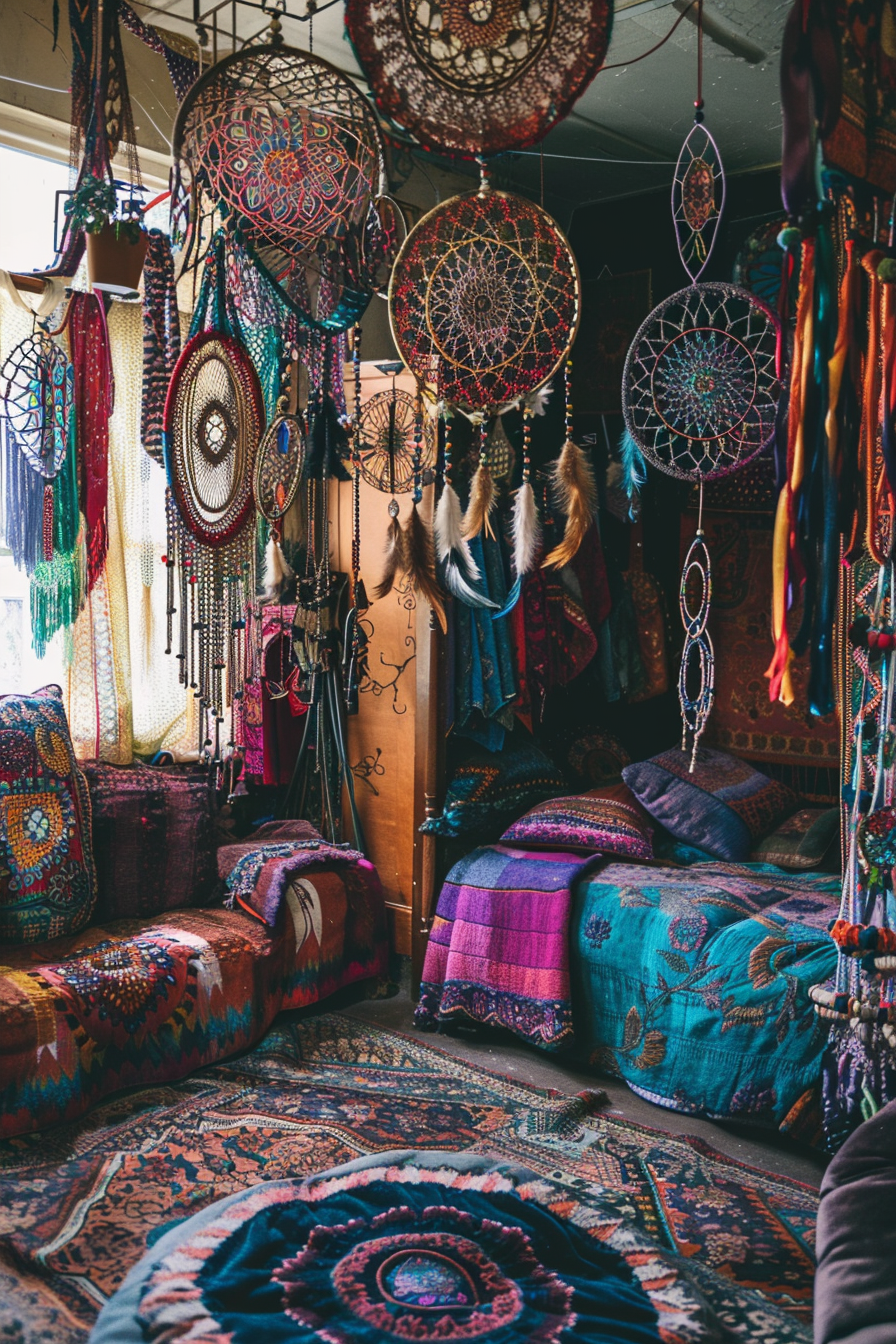 "Cozy bohemian-style interior with colorful dream catchers, plush cushions, and vibrant patterned rugs and textiles."
