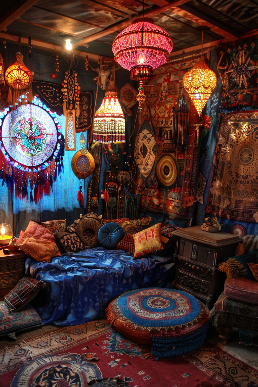 ALT: A cozy bohemian-style room adorned with colorful tapestries, cushions, ornate lamps, and exotically patterned textiles.