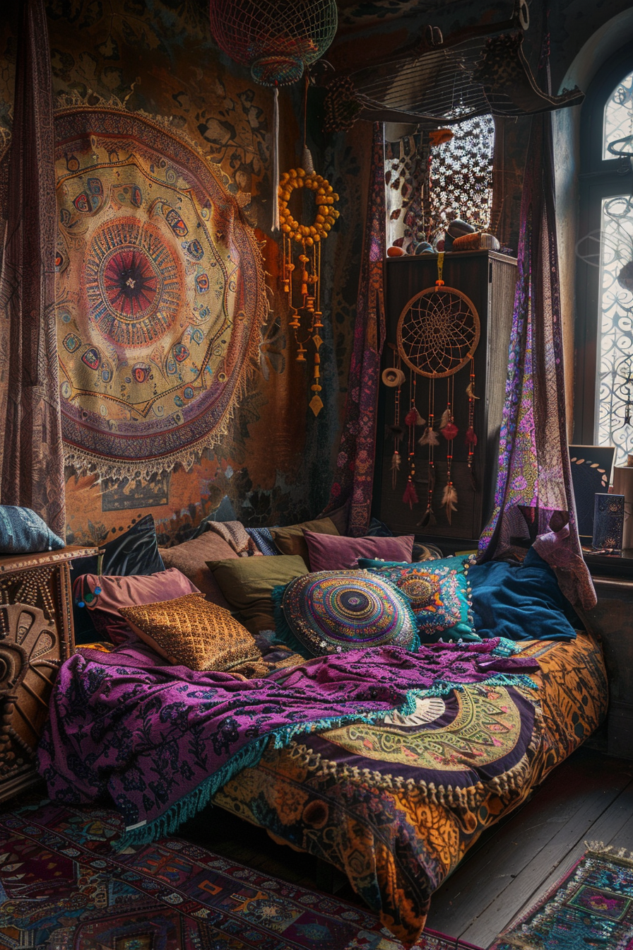A cozy bohemian-style room with colorful tapestries, cushions, dream catchers, and a bed covered in ornate fabrics.