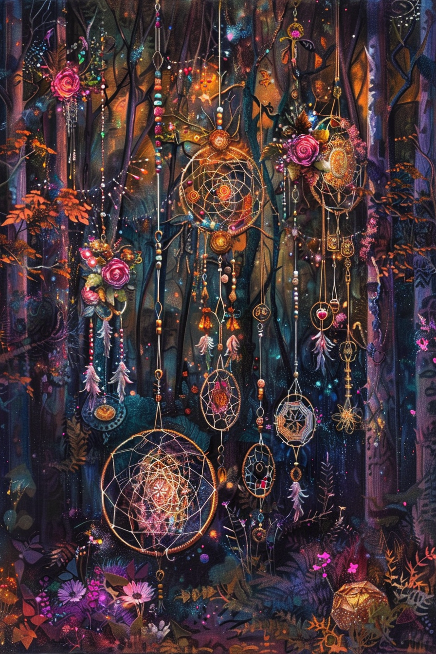Enchanted forest scene with intricate dreamcatchers hanging among trees, glimmering with beads, flowers, and soft lighting.