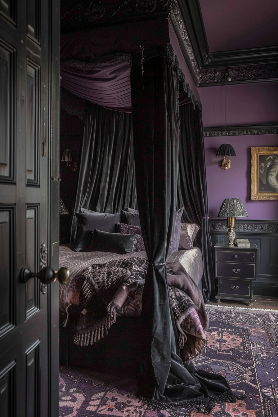 ALT: An opulent dark purple bedroom featuring a four-poster bed with black velvet curtains and luxury bedding, viewed from an open doorway.