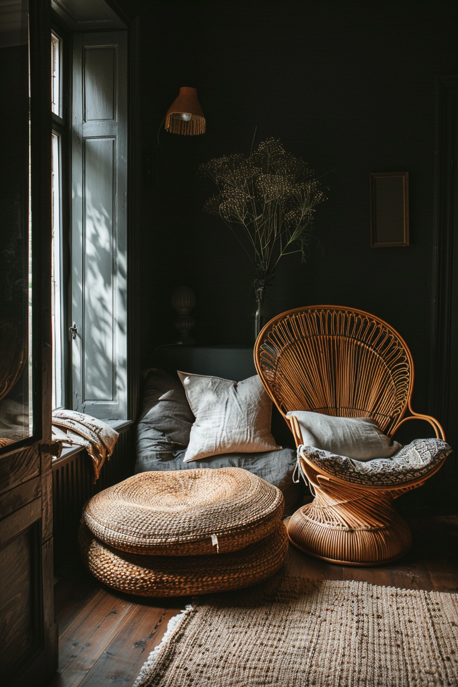 Cozy reading nook with a wicker chair, pouf, and rug in a room with dark walls and a sunlit window.