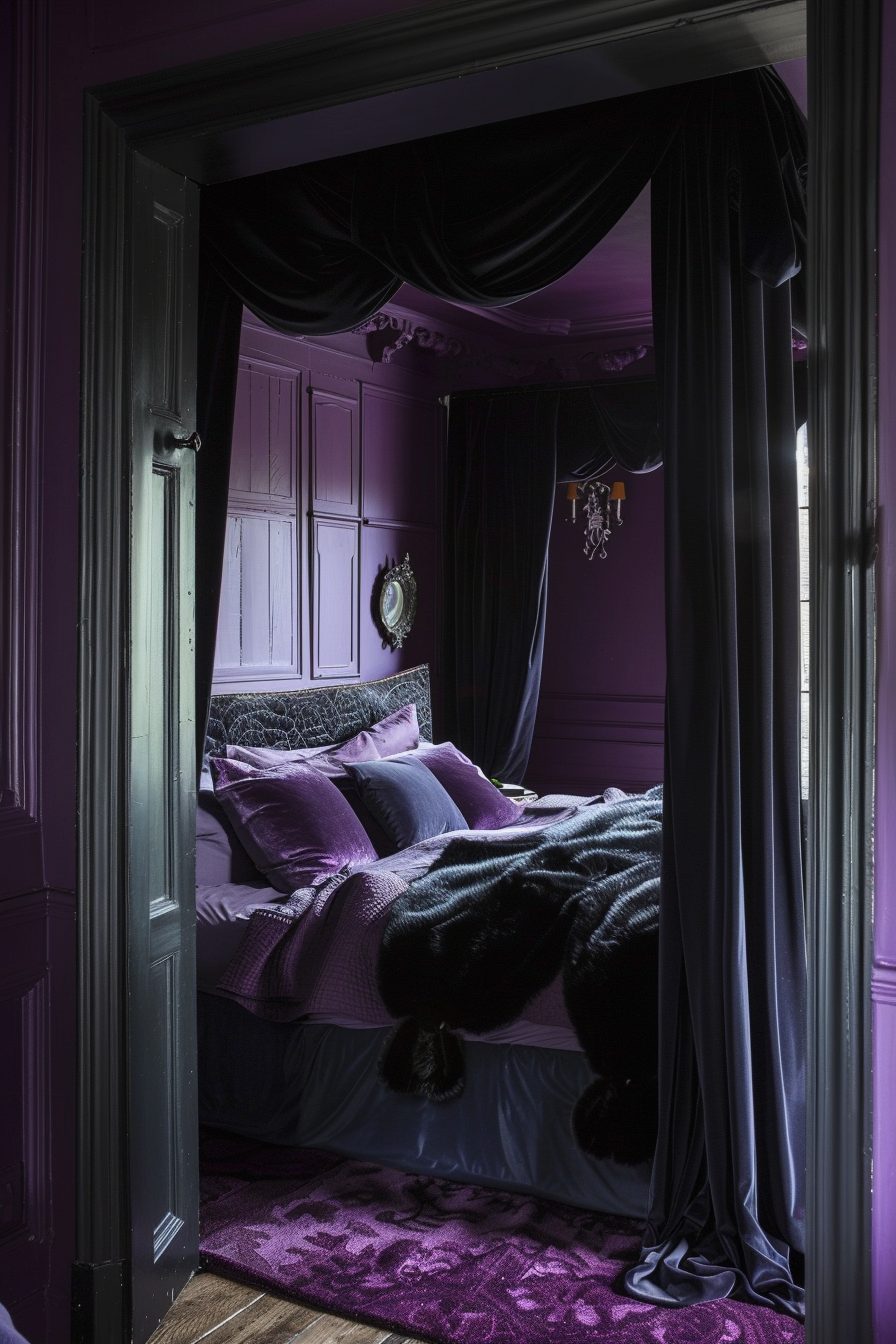 A luxurious purple-themed bedroom with a canopy bed, velvet bedding, and richly textured carpet, viewed from a doorframe.