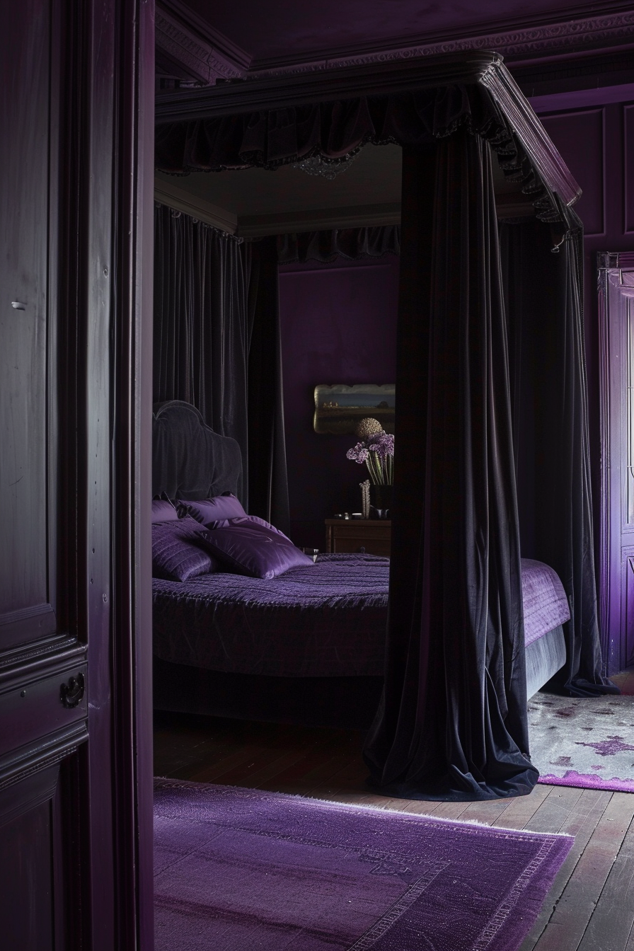 Luxurious purple bedroom with ornate four-poster bed, draped in dark curtains, elegant wooden flooring, and subtle lighting.