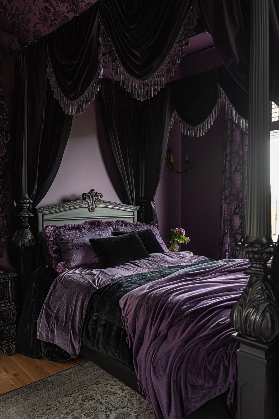 Opulent bedroom with dark purple drapery, bedding, and wallpaper, wooden floor, and a small window allowing natural light.