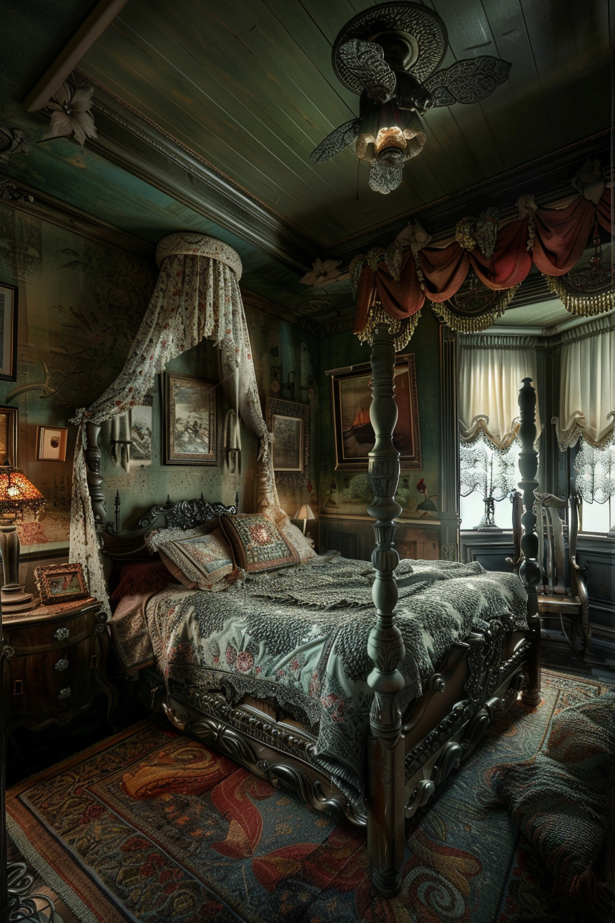 An ornate vintage bedroom with a canopied four-poster bed, patterned textiles, an elaborate ceiling fan, and antique furnishings.