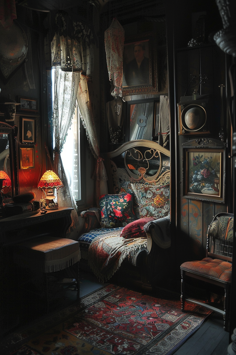 Alt text: "Vintage room with eclectic decor, featuring patterned rugs, ornate furniture, plush throw pillows, and an assortment of antique items."