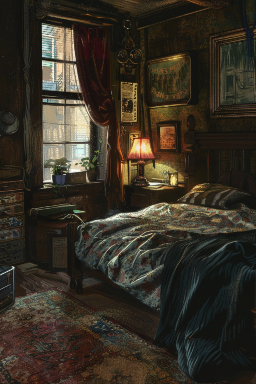 An intricately detailed, cozy bedroom with warm lighting, a plush bed, and vintage furnishings.