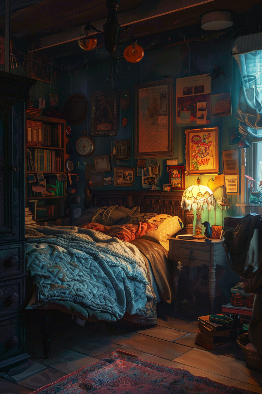 Cozy, eclectic bedroom bathed in warm light with a bed, vintage decorations, books, and posters on deep blue walls.