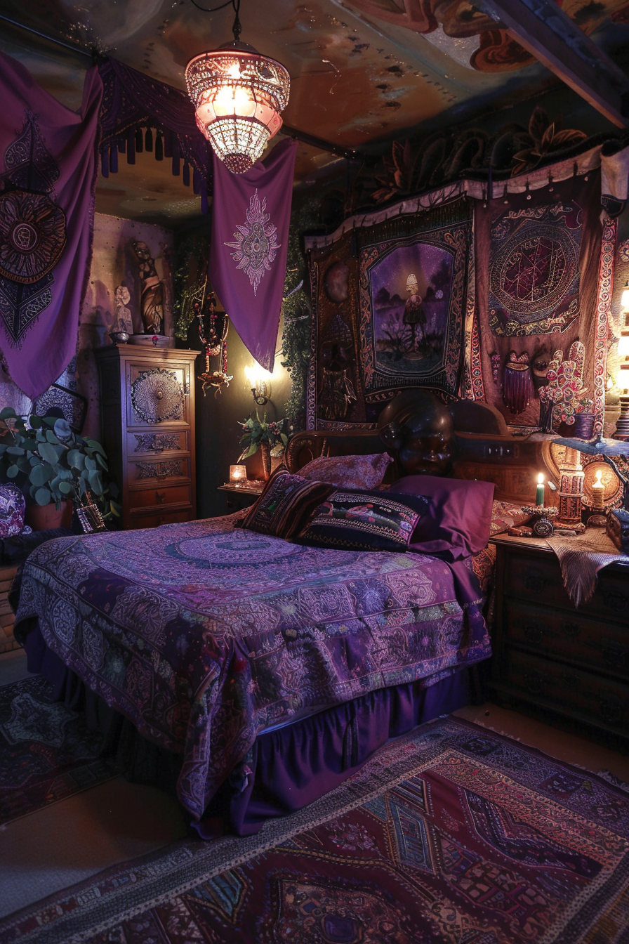 A dimly lit, bohemian-style bedroom with purple textiles, ornate lanterns, wall tapestries, and decorative pillows.