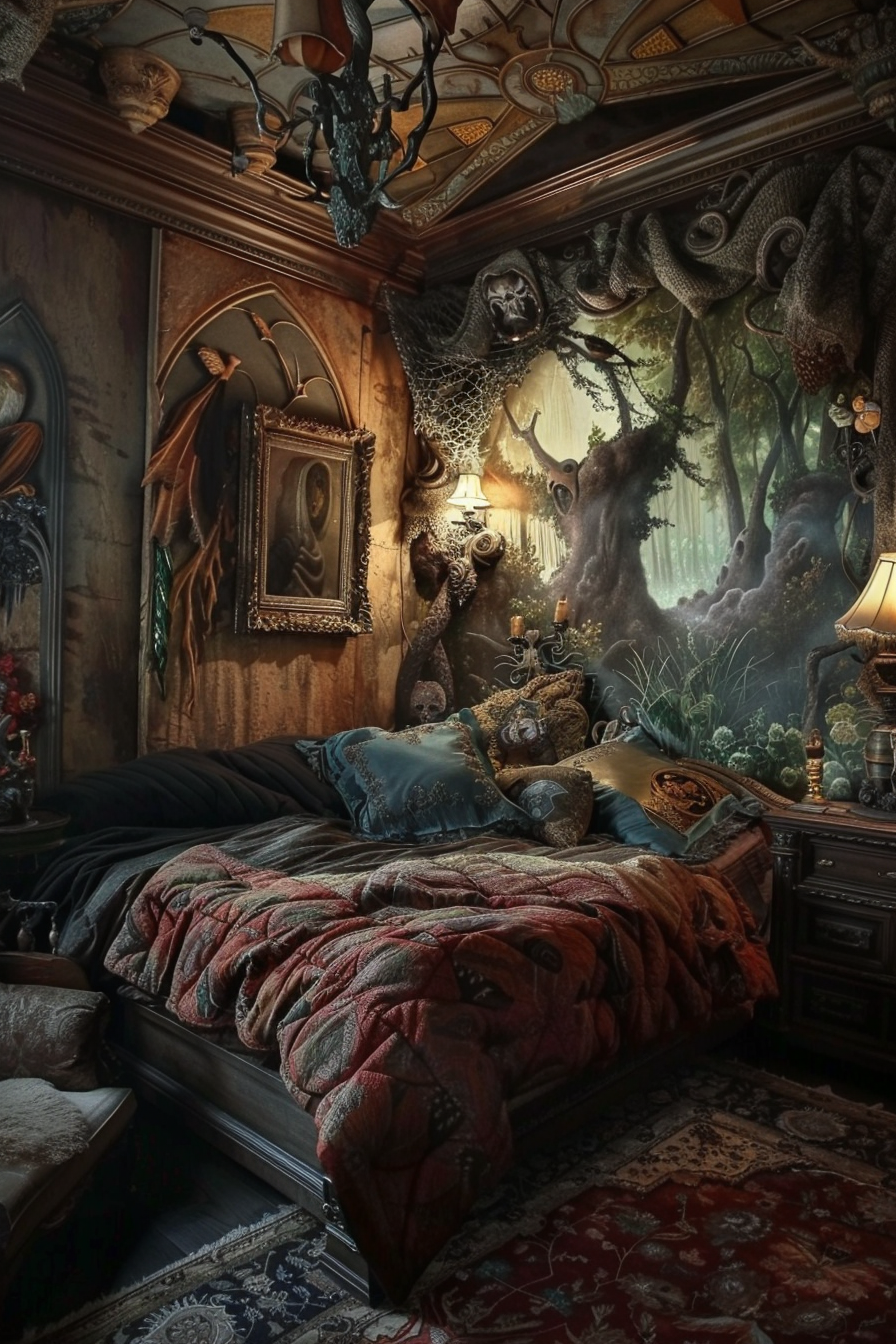 "Opulently decorated bedroom with rich textiles, dark wood furniture, ornate patterns, and forest-themed wall mural creating a mystical ambiance."