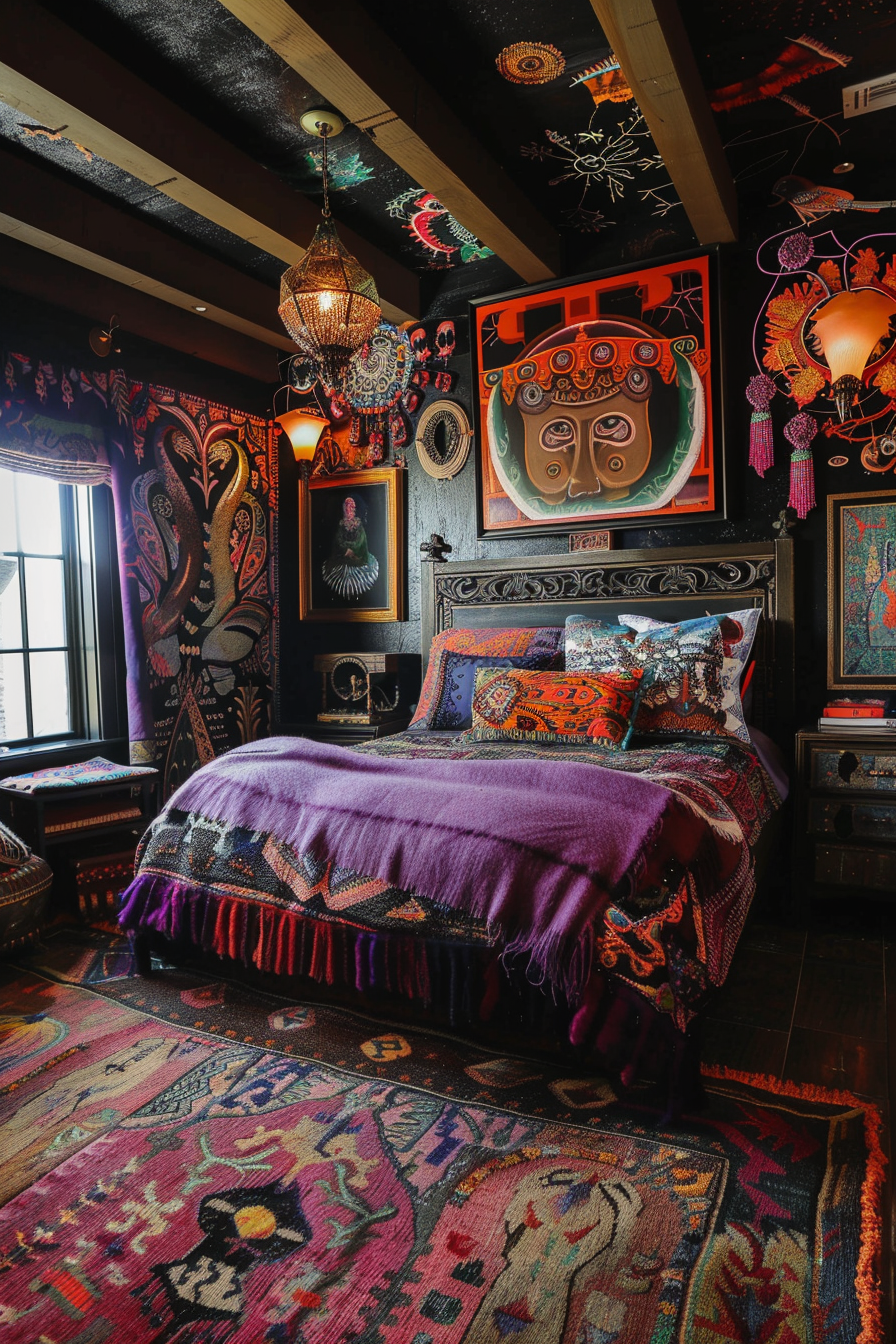 A bohemian-style bedroom with vibrant rugs, purple bedding, eclectic wall art, and hanging lanterns, showcasing a rich mix of colors and patterns.