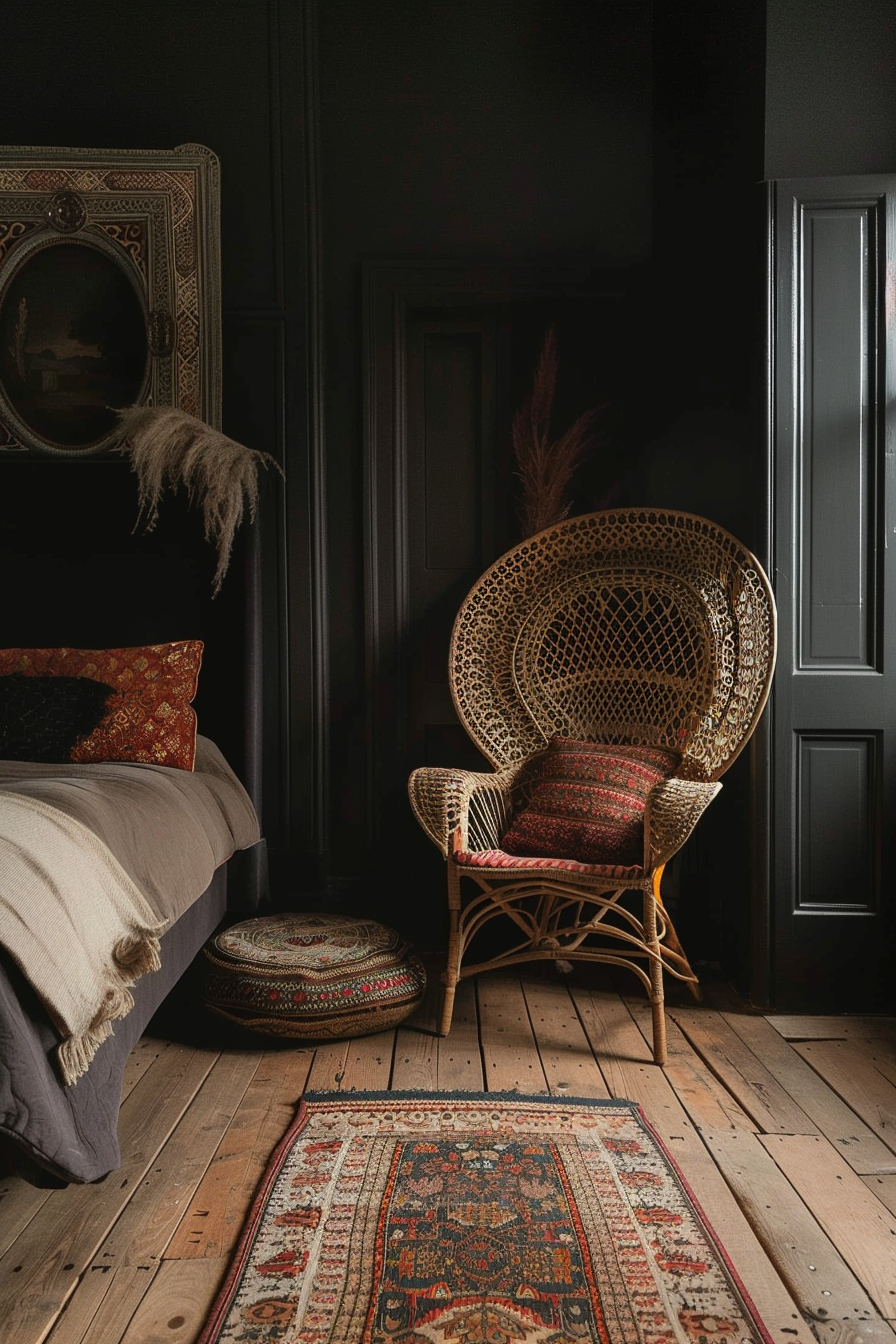 A cozy room corner featuring a peacock wicker chair with cushions, a round ornate mirror, a floor pouf, a bed, and patterned rugs on wooden flooring.