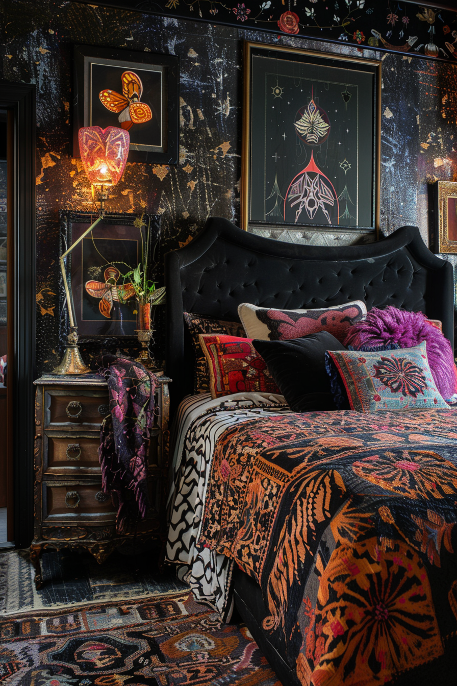 ALT: An eclectic bedroom with a black tufted headboard, dark floral wallpaper, framed butterfly artwork, and a vibrant paisley comforter.