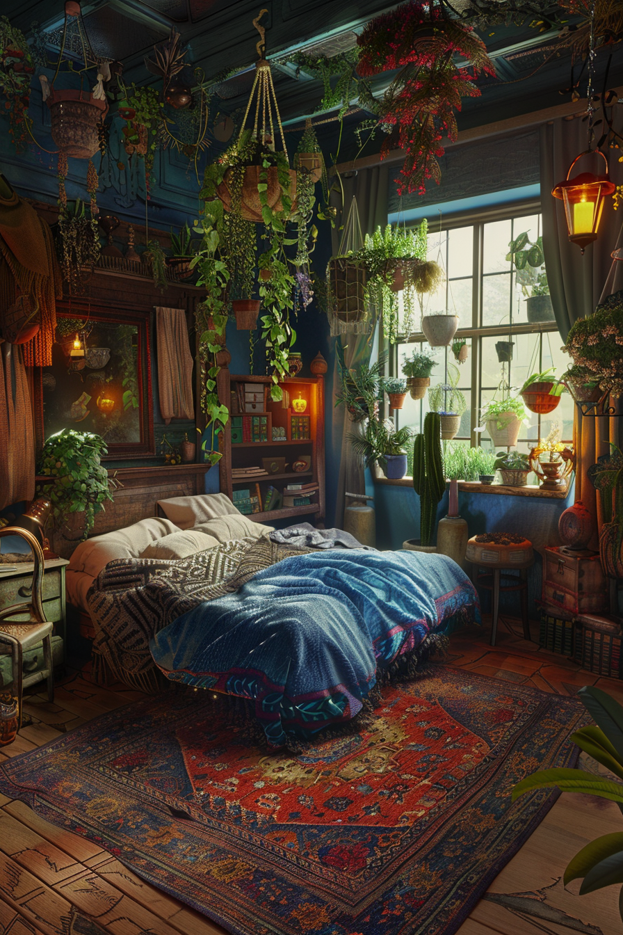 Cozy bedroom filled with lush hanging plants, warm lanterns, and a bed with colorful blankets on a patterned rug.