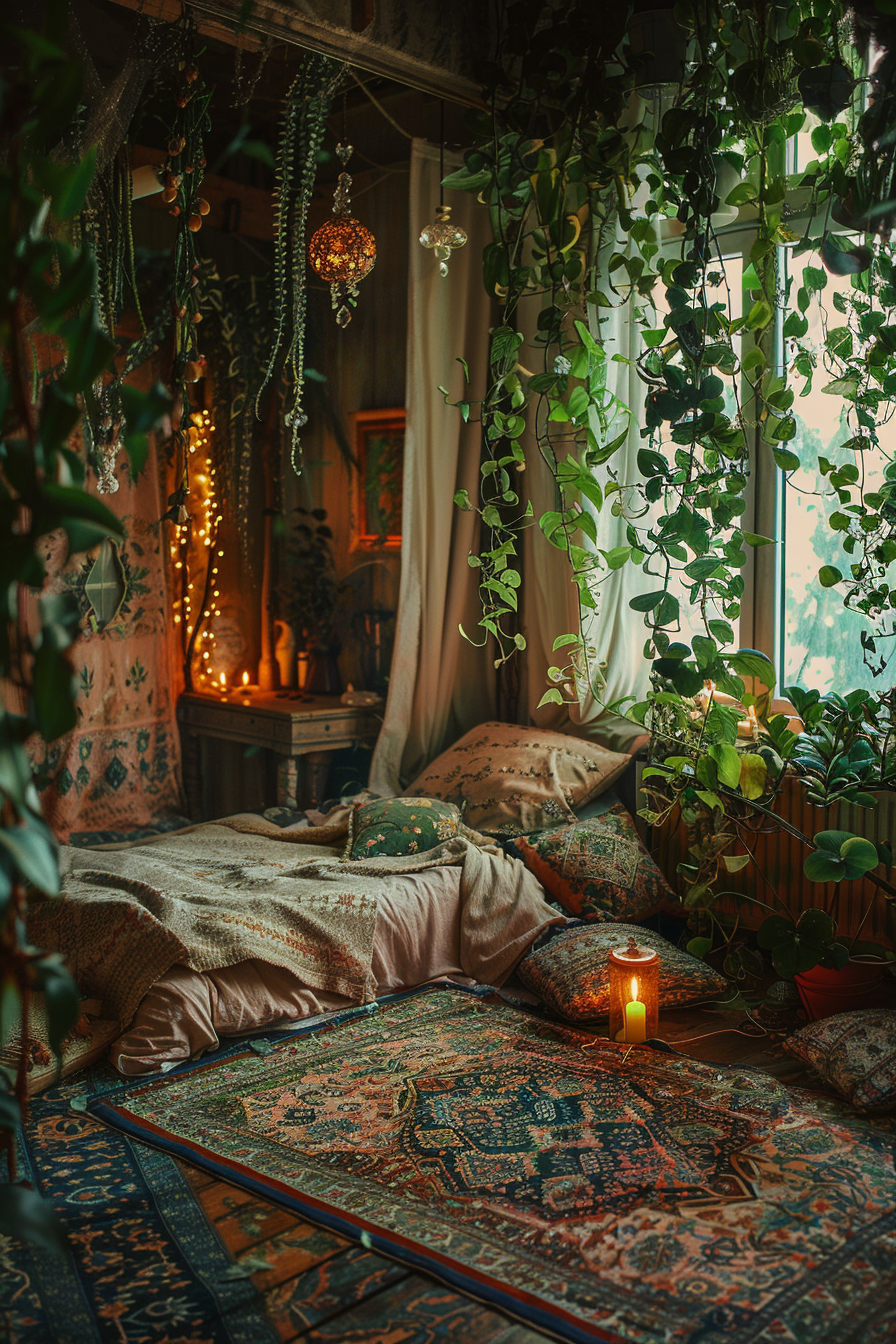 Cozy bohemian room filled with plants, ornate rugs, a bed with patterned textiles, and warm glowing lights.