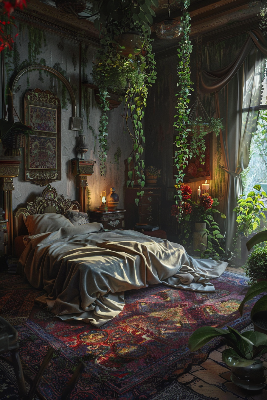A cozy, bohemian bedroom with lush green plants, vintage furniture, a draped bed, and warm lighting creating an inviting atmosphere.
