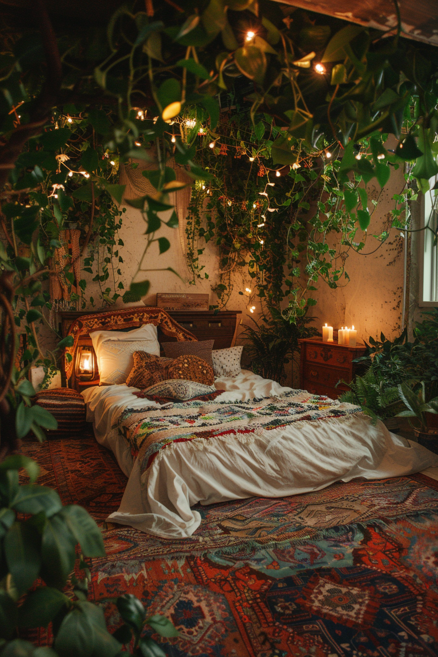 A cozy, bohemian-styled bedroom with hanging plants, fairy lights, an ornate bedspread, and a patterned rug.