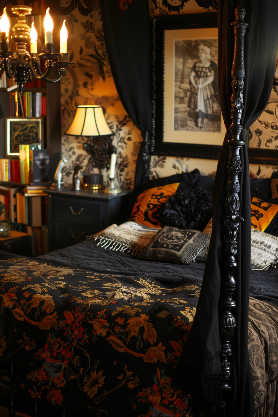 Elegant vintage bedroom with ornate black four-poster bed, floral bedding, candle chandelier, and classic wallpaper.