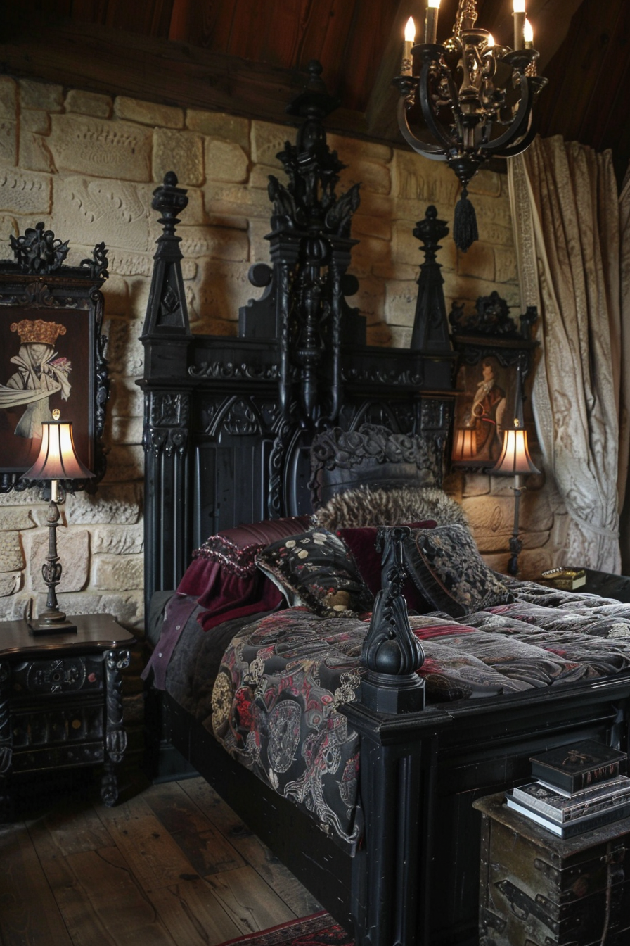 Elegant antique-style bedroom with a black ornate bed, patterned bedding, a chandelier, and vintage decorations.