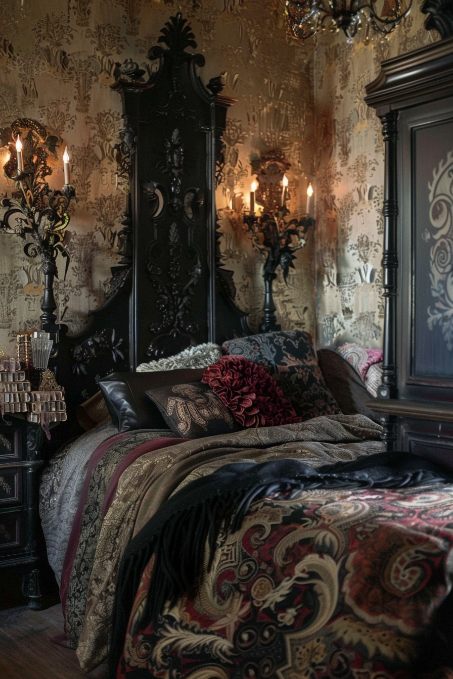 ALT Text: "Elegant bedroom with ornate gothic-style decor, featuring patterned wallpaper, dark wood furniture, and lavish bedding with intricate designs."