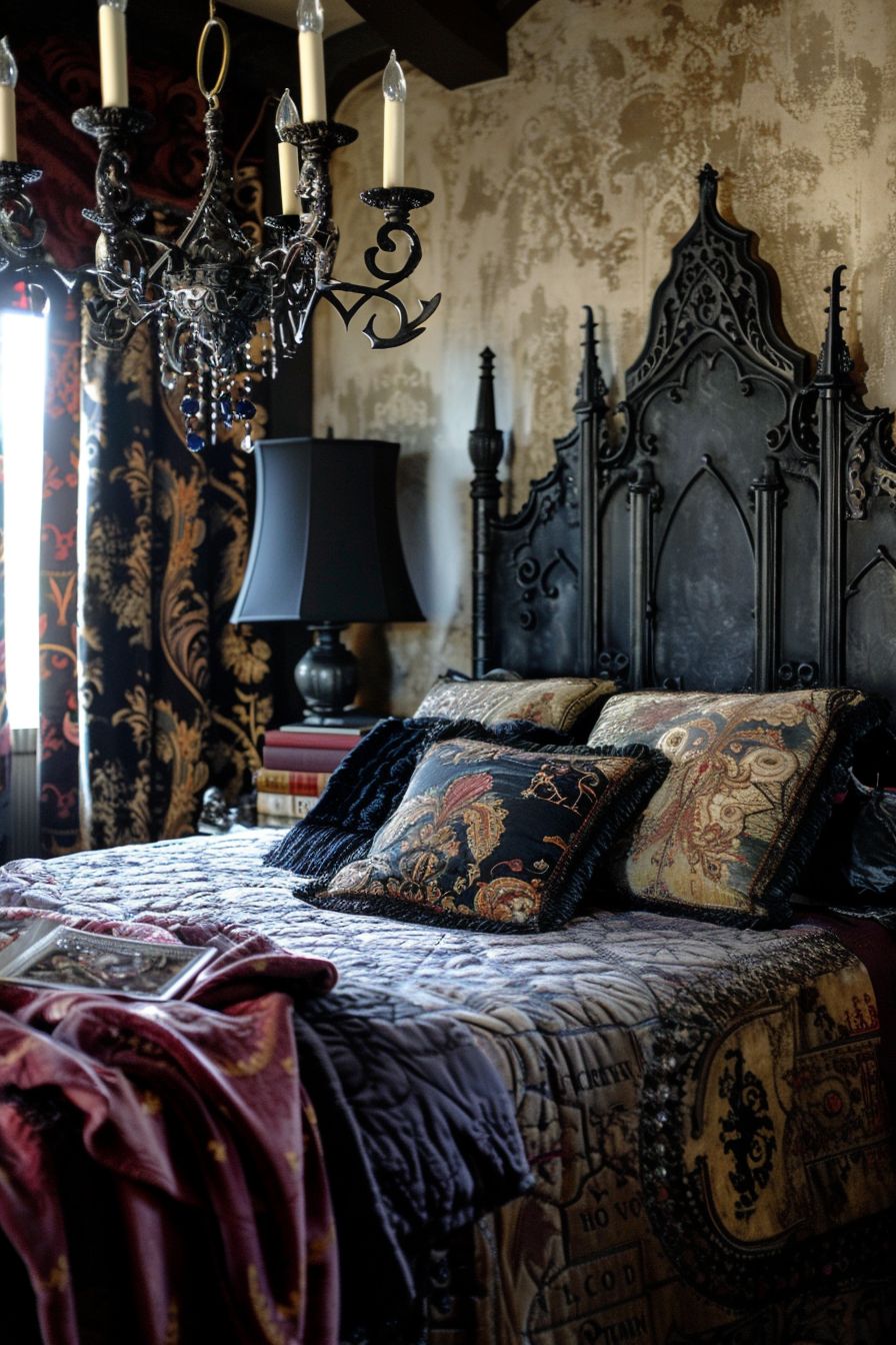 Elegant gothic-style bedroom with ornate black headboard, chandelier, decorative pillows, and gold-patterned wallpaper.