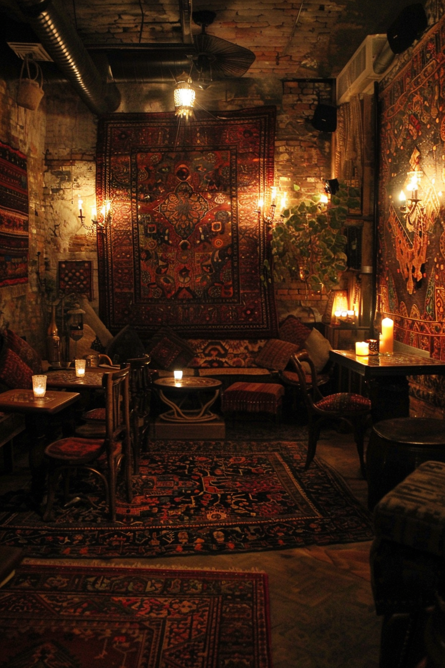 Cozy vintage lounge with dim lighting, Oriental carpets, exposed brick walls, and candlelit wooden tables.