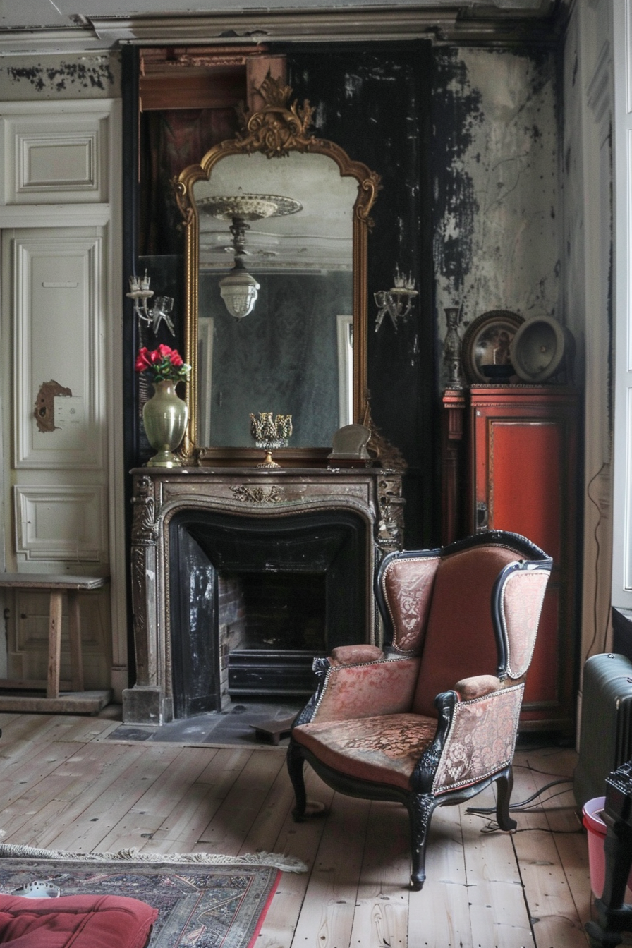 Alt text: An ornate antique chair beside a distressed fireplace with a large mirror, in a vintage room with peeling walls and wood floors.