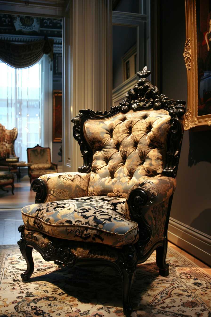 Ornate baroque-style chair with plush upholstery and carved wooden details, displayed in an elegant room with classic decor.