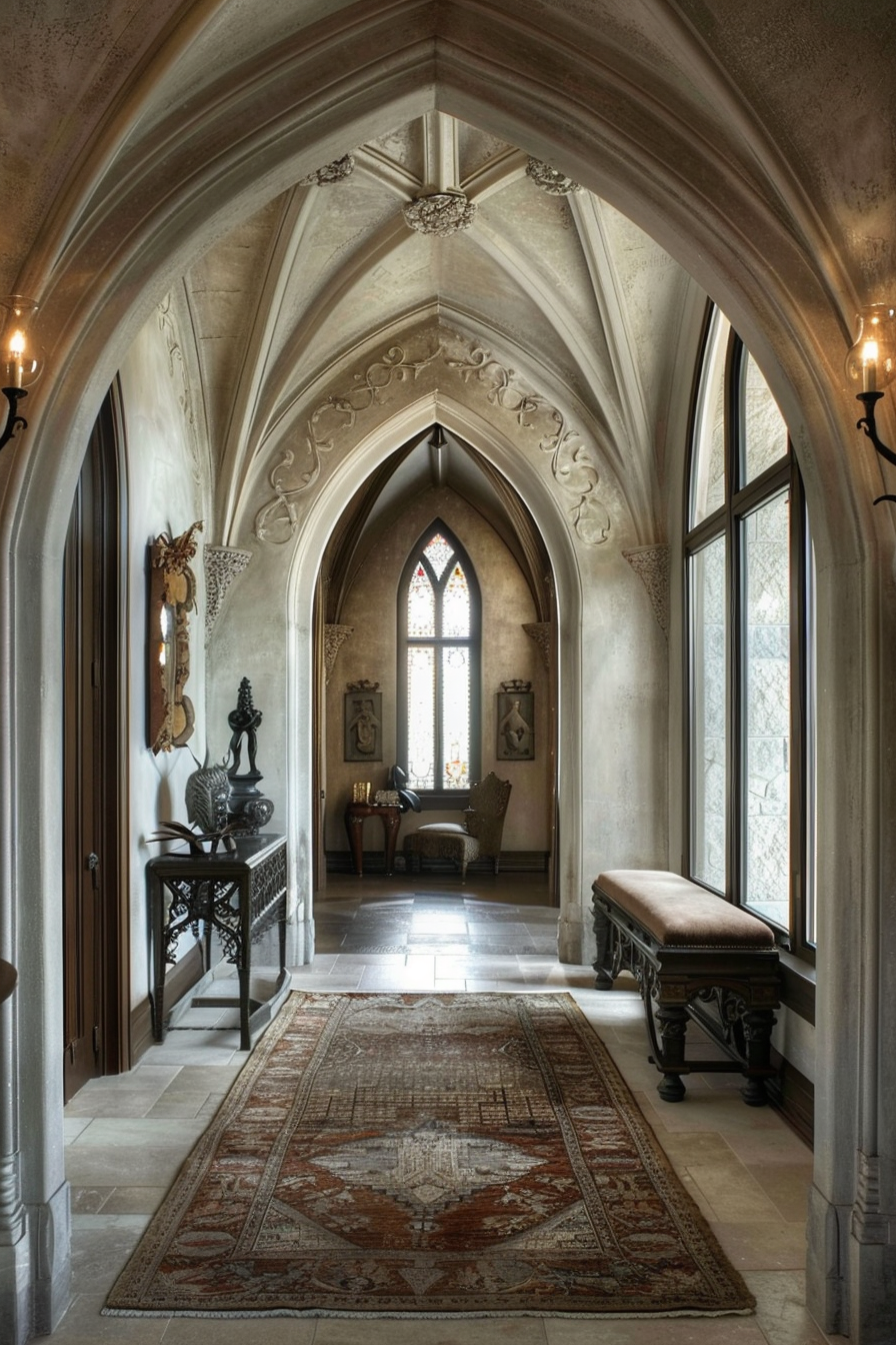 Gothic-style corridor with vaulted ceilings, ornate carvings, stained glass window, antique furnishings, and a Persian rug.