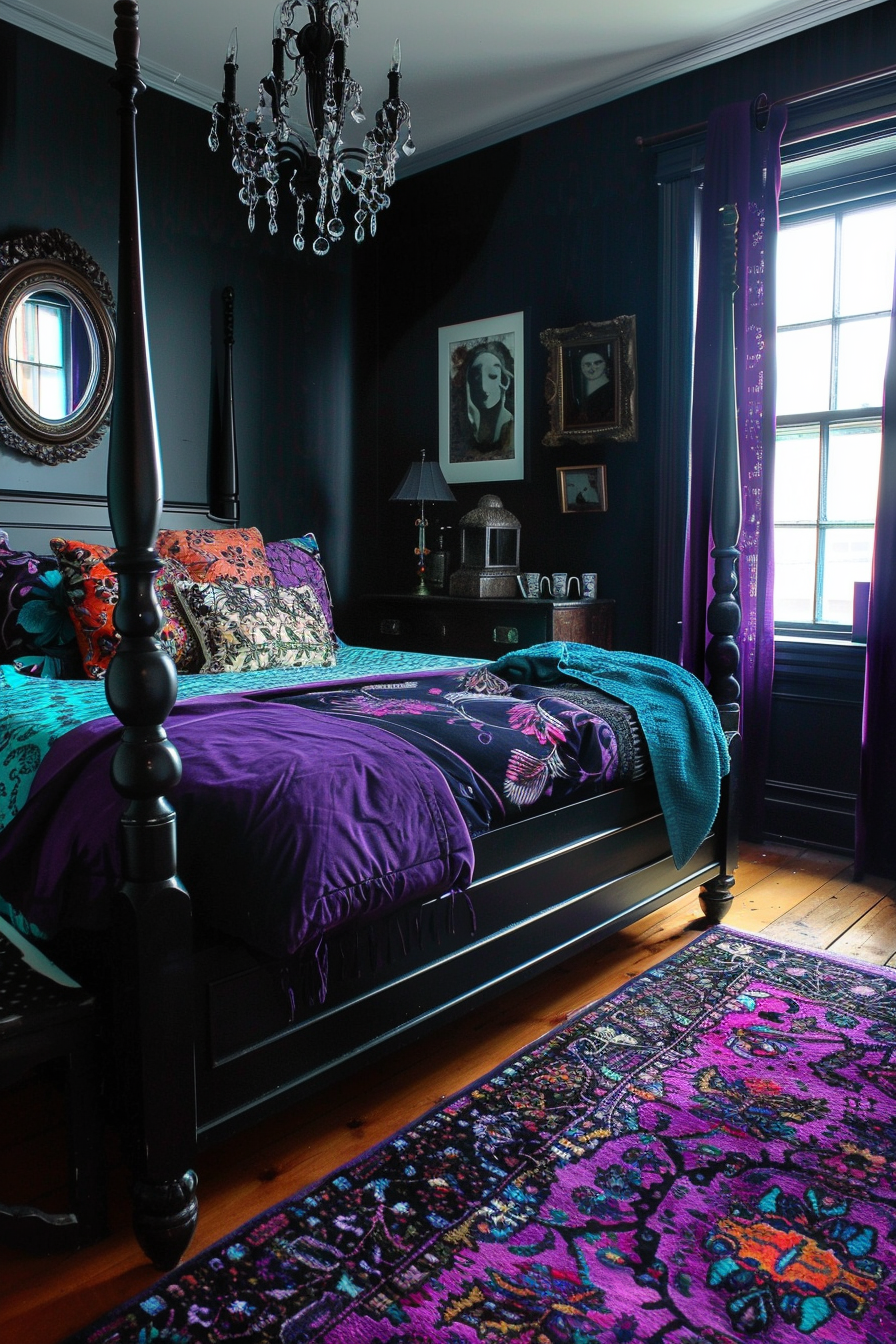 Elegant bedroom with a black four-poster bed, a purple bedding set, a vibrant rug, and framed pictures on dark walls.