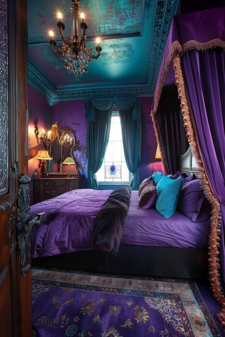 Opulent bedroom with purple bedding, blue walls, chandelier overhead, and vintage furniture accents.