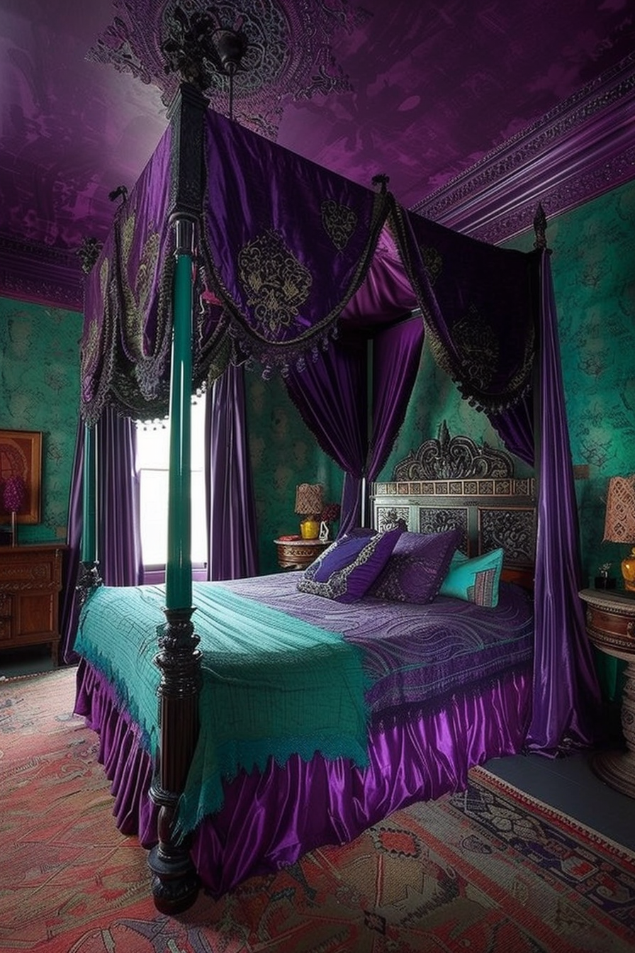 Opulent bedroom with a four-poster bed, draped in rich purple and teal fabrics, against an intricately patterned wallpaper background.