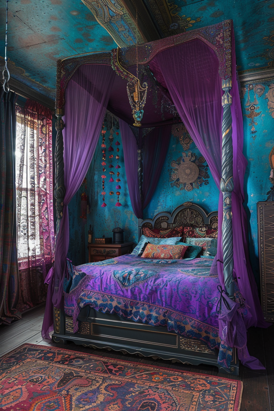 Luxurious bohemian-style bedroom with a canopied bed, vibrant purple and blue textiles, and intricate wall patterns.