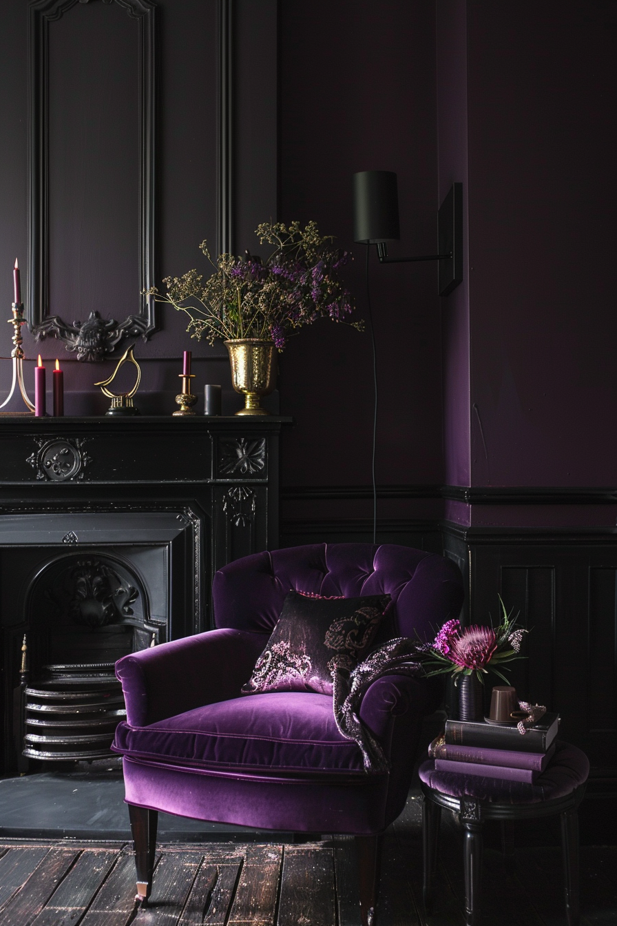Elegant dark room with a purple velvet armchair, black fireplace, decorative mirror, and moody lighting.