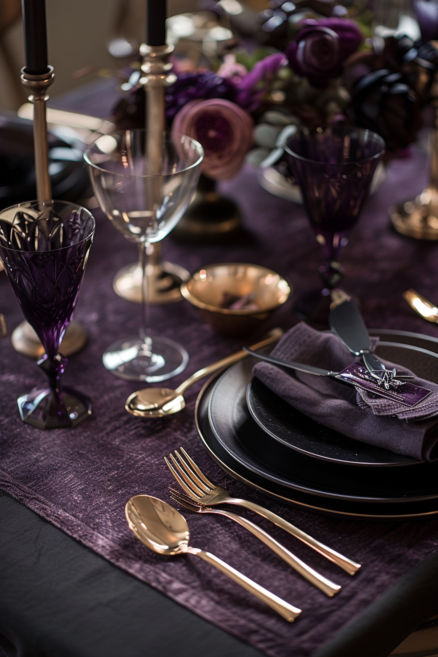 Elegant dining table set with purple glassware, gold silverware, and decorated with lush purple florals and black candles.