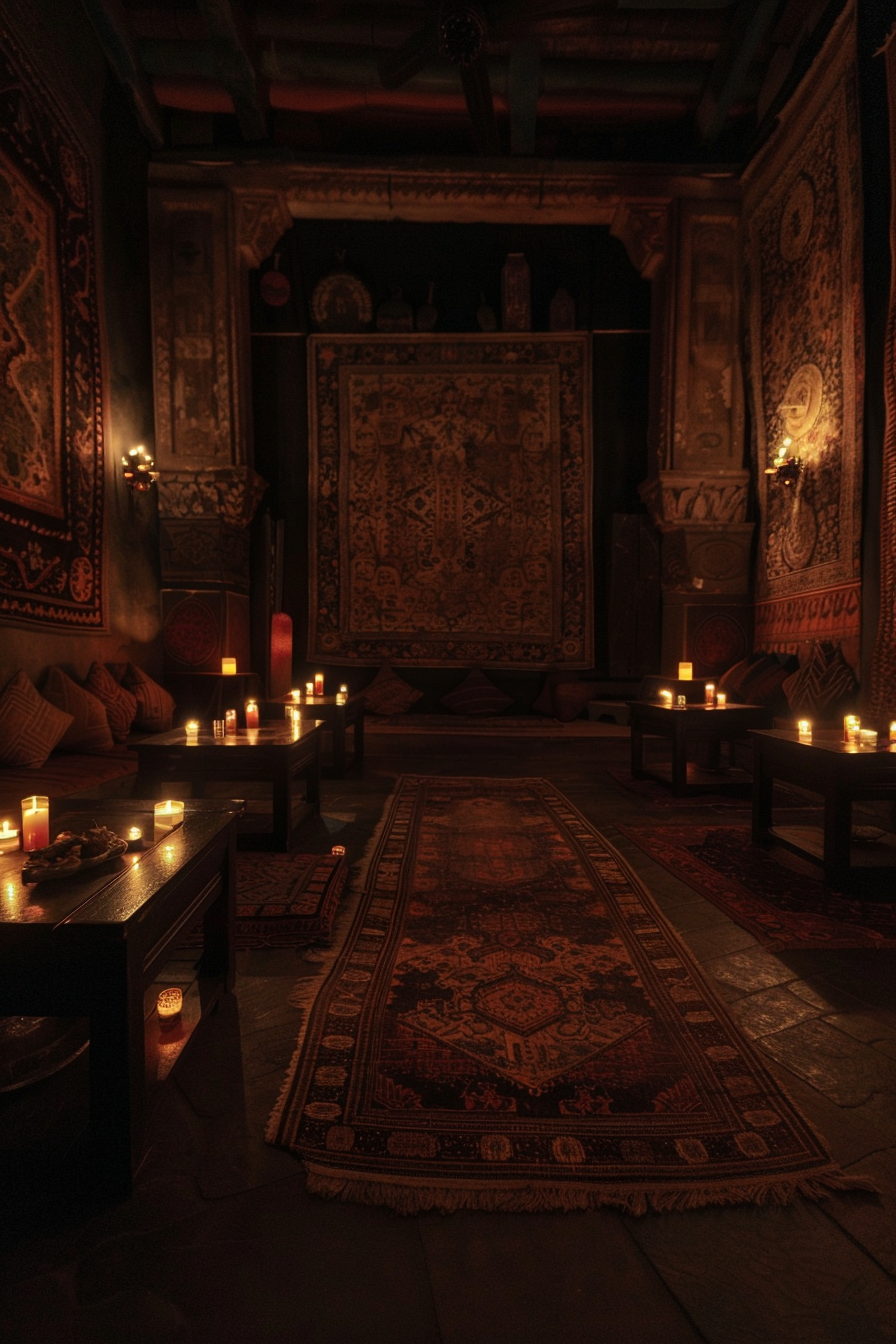 Dimly lit room with ornate rugs, candles, wood furniture, and traditional wall tapestries creating a warm ambiance.