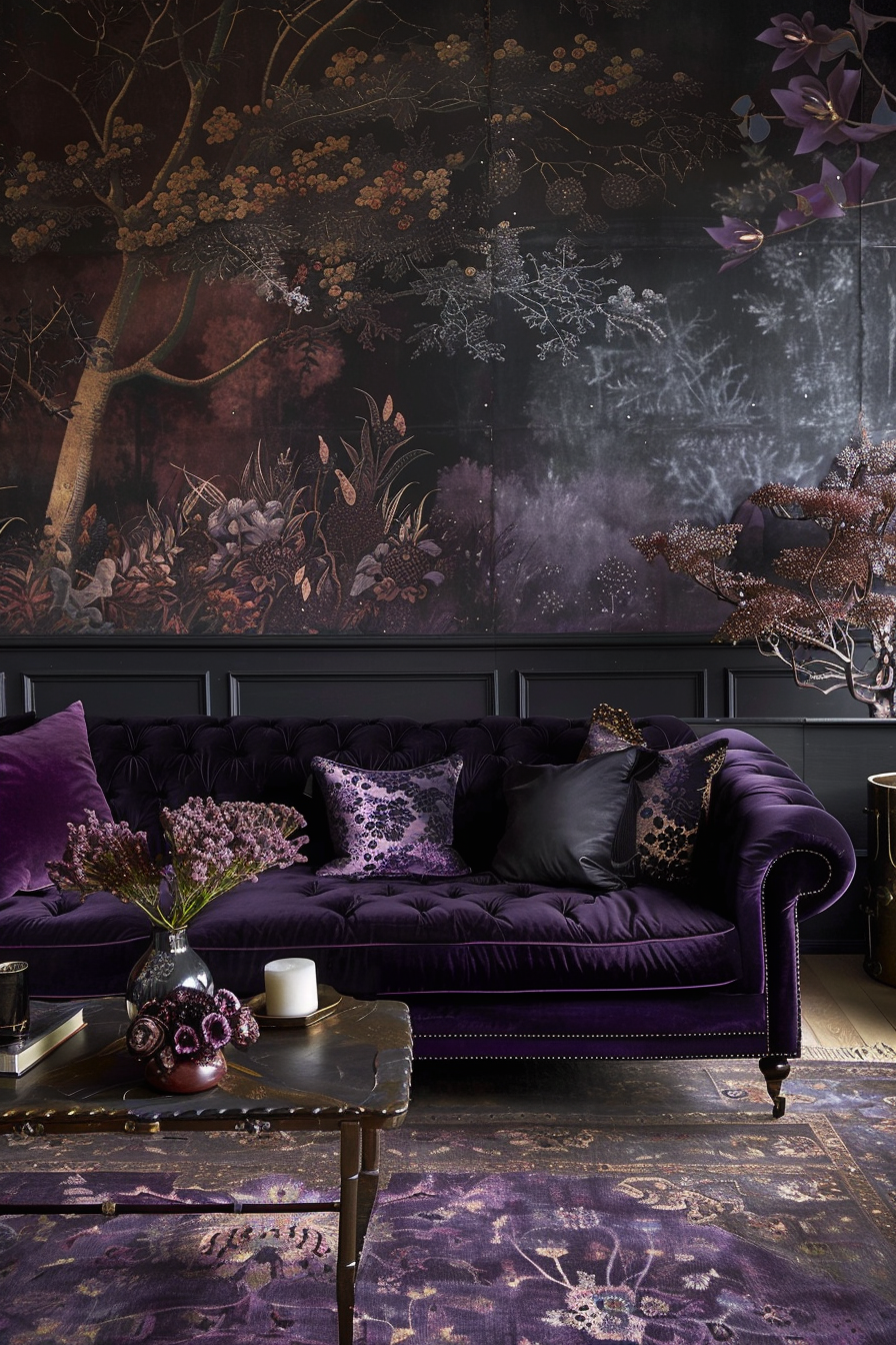 A luxurious dark-themed living room with a velvet sofa, patterned cushions, floral wall mural, and a dark marble table with decor.