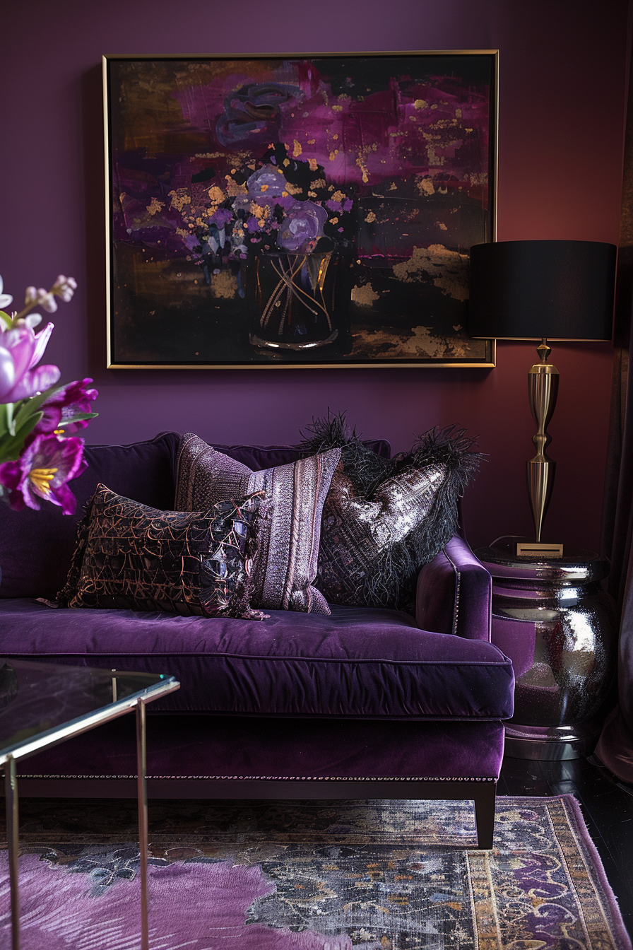 Elegant interior with a purple velvet sofa, decorative pillows, a dark floral painting, a brass lamp, and a matching area rug.